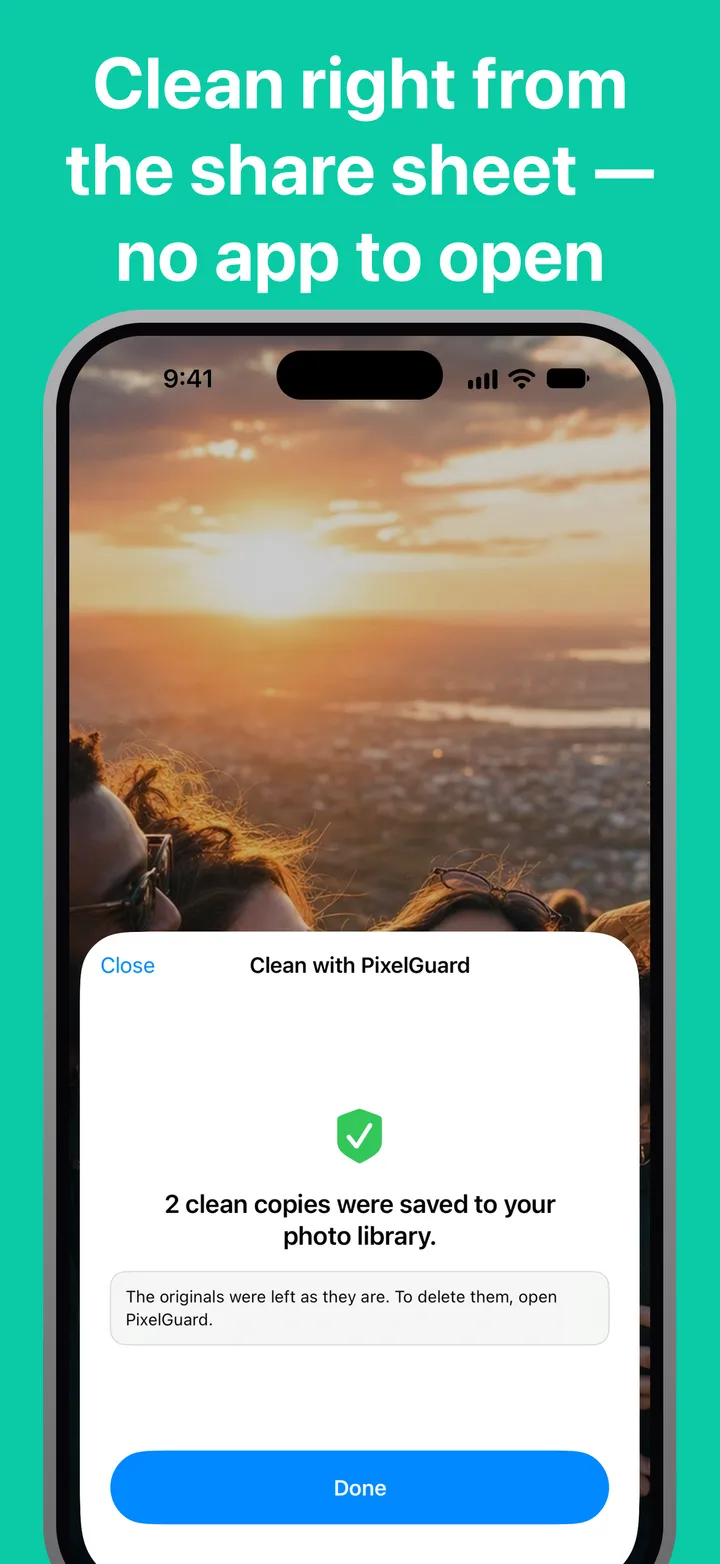 Clean right from the share sheet — no app to open
